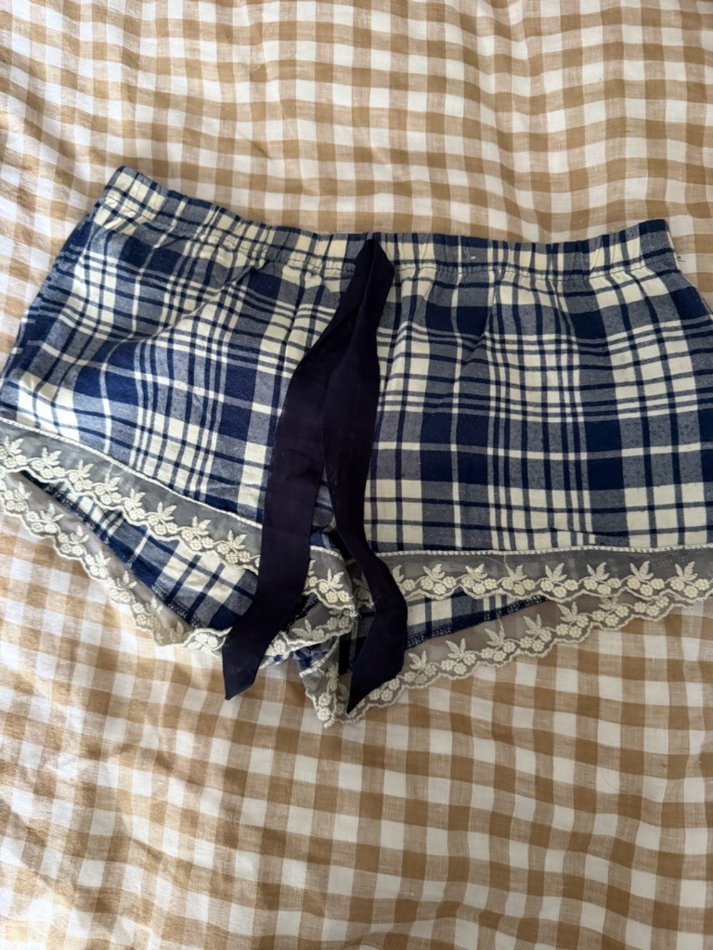 Navy Blue Plaid Lace Trim Sleep Shorts
